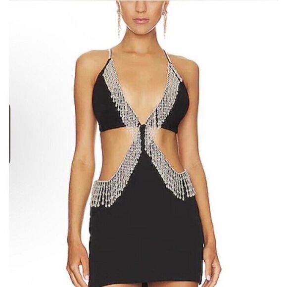 NBD Lali Dress Beaded Fringe Black Cut Out Mini Halter Revolve $328 NWT S - Picture 5 of 12